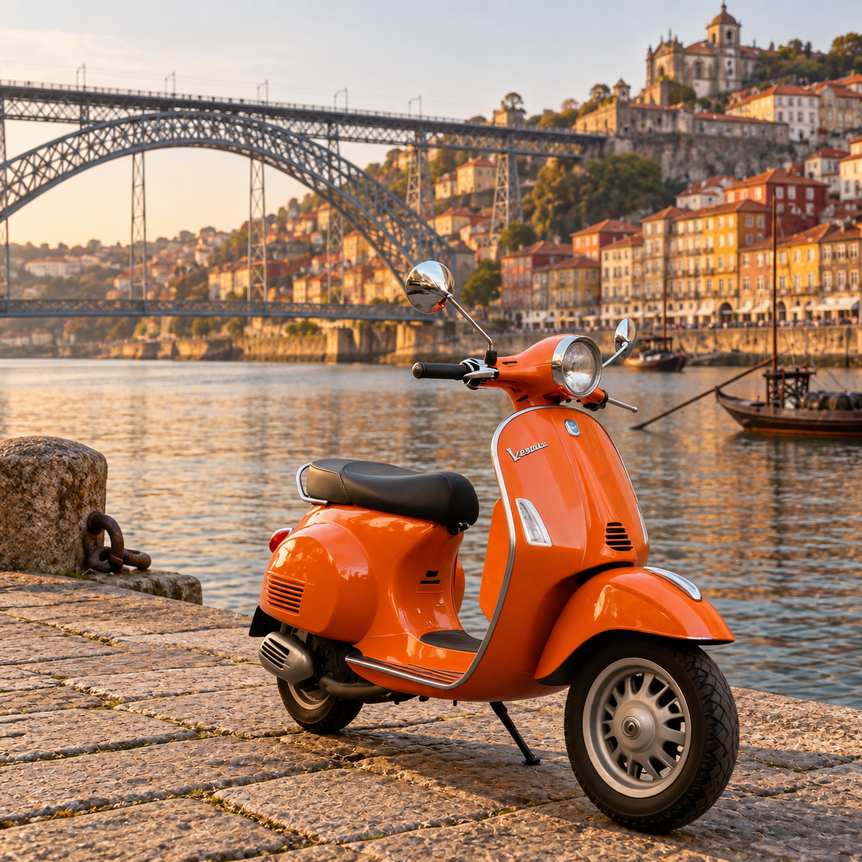Ilustración de una Vespa naranja junto al Duero, en Oporto